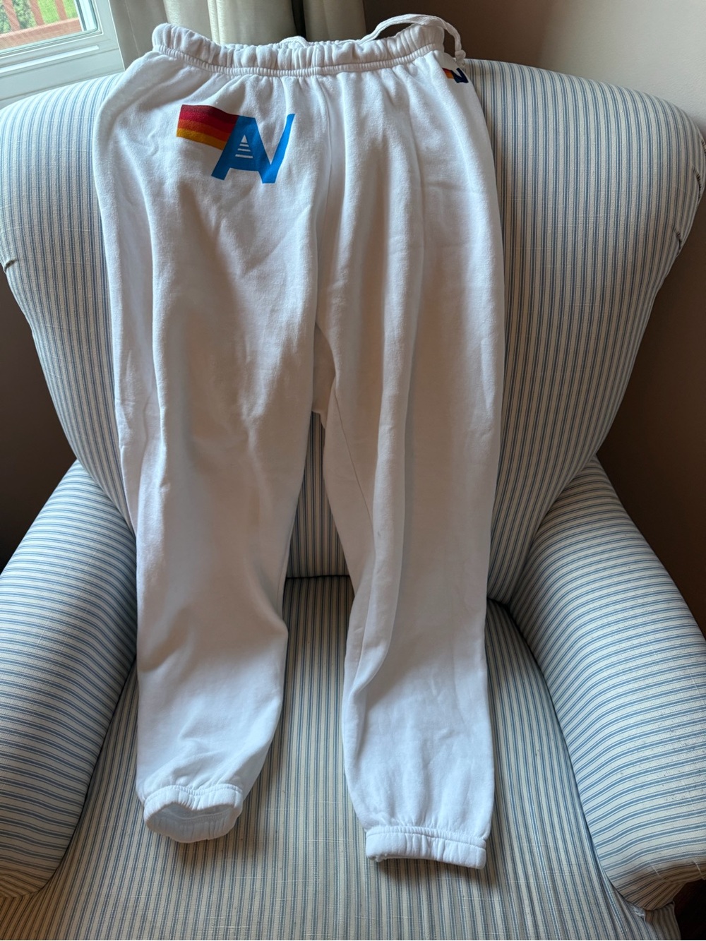 Aviator Nation White Sweatpants with Multicolor Stripe Logo